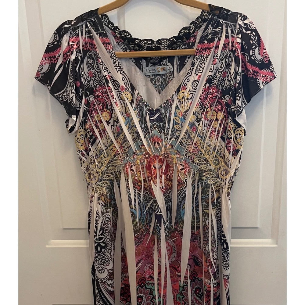 Unity‎ World Wear Paisley Print Empire Waist Lace Trim Dress Womens Petite L